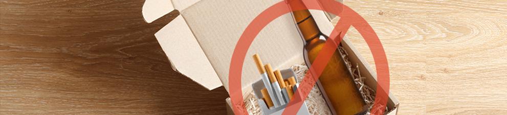 酒类和烟草产品装在包装箱内，并划去标示不能装运.