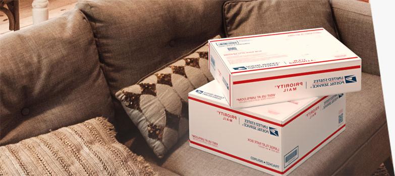 Two 优先邮件<sup>®</sup> boxes sitting on a couch.